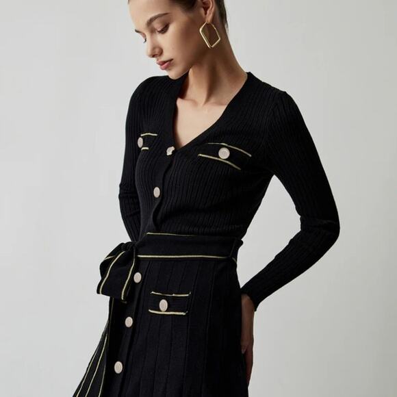 Commense button down sweater Dress Sz M missing belt blac ribbed midi A3 - Picture 1 of 5